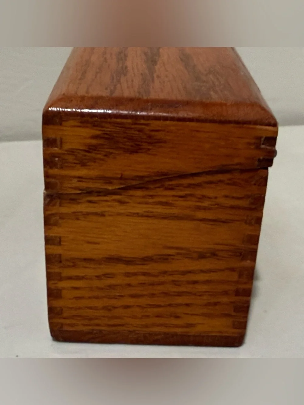 Vintage‎ Lacquered Oak Dovetailed Index Card File Box Recipe Wood Brass Hinges
